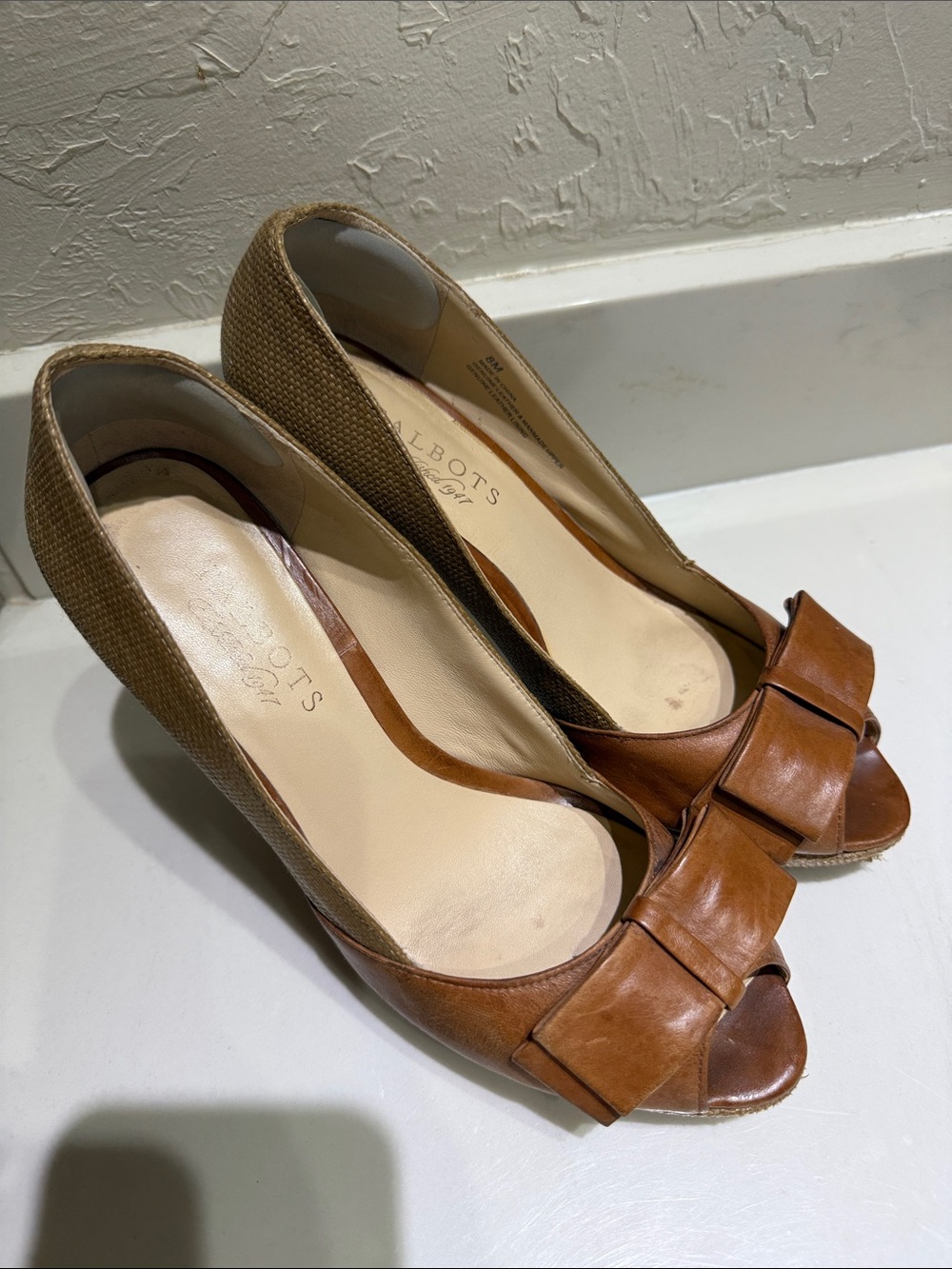 Talbots Cognac Leather Peep-Toe Wedge Pumps